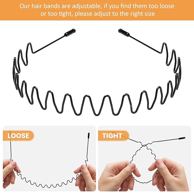 WantGor Metal Headbands, 6 Packs Fashion Unisex Black Hairband Spring Wave Non Slip Sports Headwear Hair Hoop Hair Accessories (8 Pack)