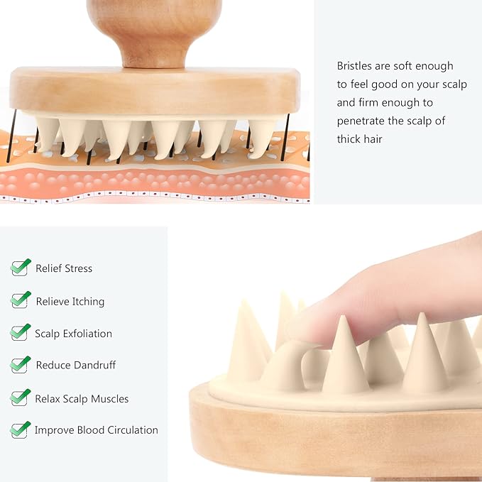 Scalp Massager Shampoo Brush, Wooden Wet and Dry Hair Scalp Care Brush, Shower Brush Scalp Scrubber Exfoliator with Soft Silicone Bristles for Dandruff Removal, Hair Growth (Beige)