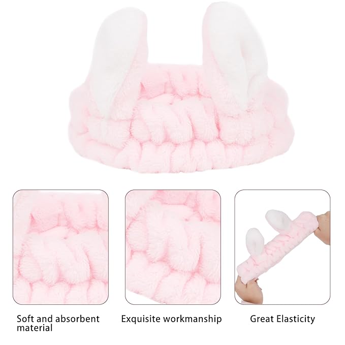 YISSION Cute Bunny Ear Spa Headband & Wristband Set for Women and Girls - Soft Plush Makeup Headband with Embroidered Bunny & Cherry Wrist Towels for Face Washing, Skincare, Easter (White & Pink)