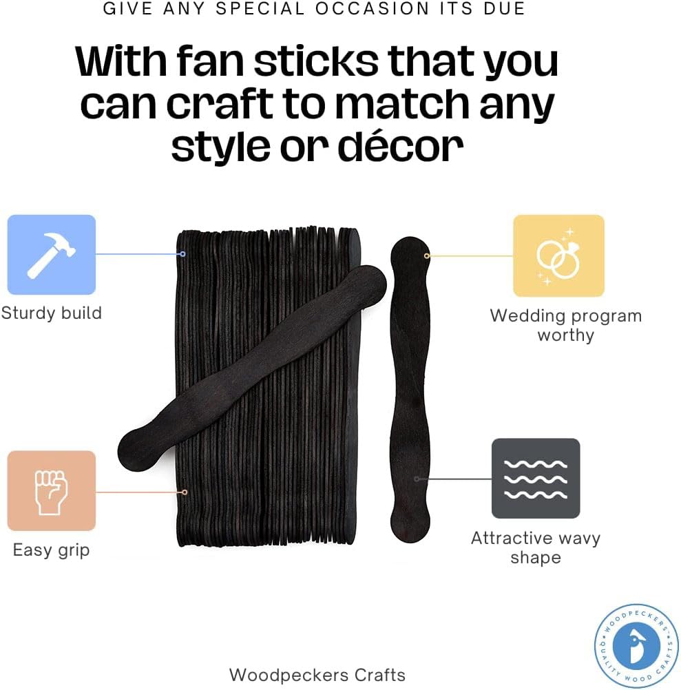 Wooden Black 8" Fan Handles, Wedding Programs, Pack 75, Jumbo Craft Popsicle Sticks for Auction Bid Paddles, Wooden Wavy Flat Stems for DIY Crafting Supplies Kit, by Woodpeckers