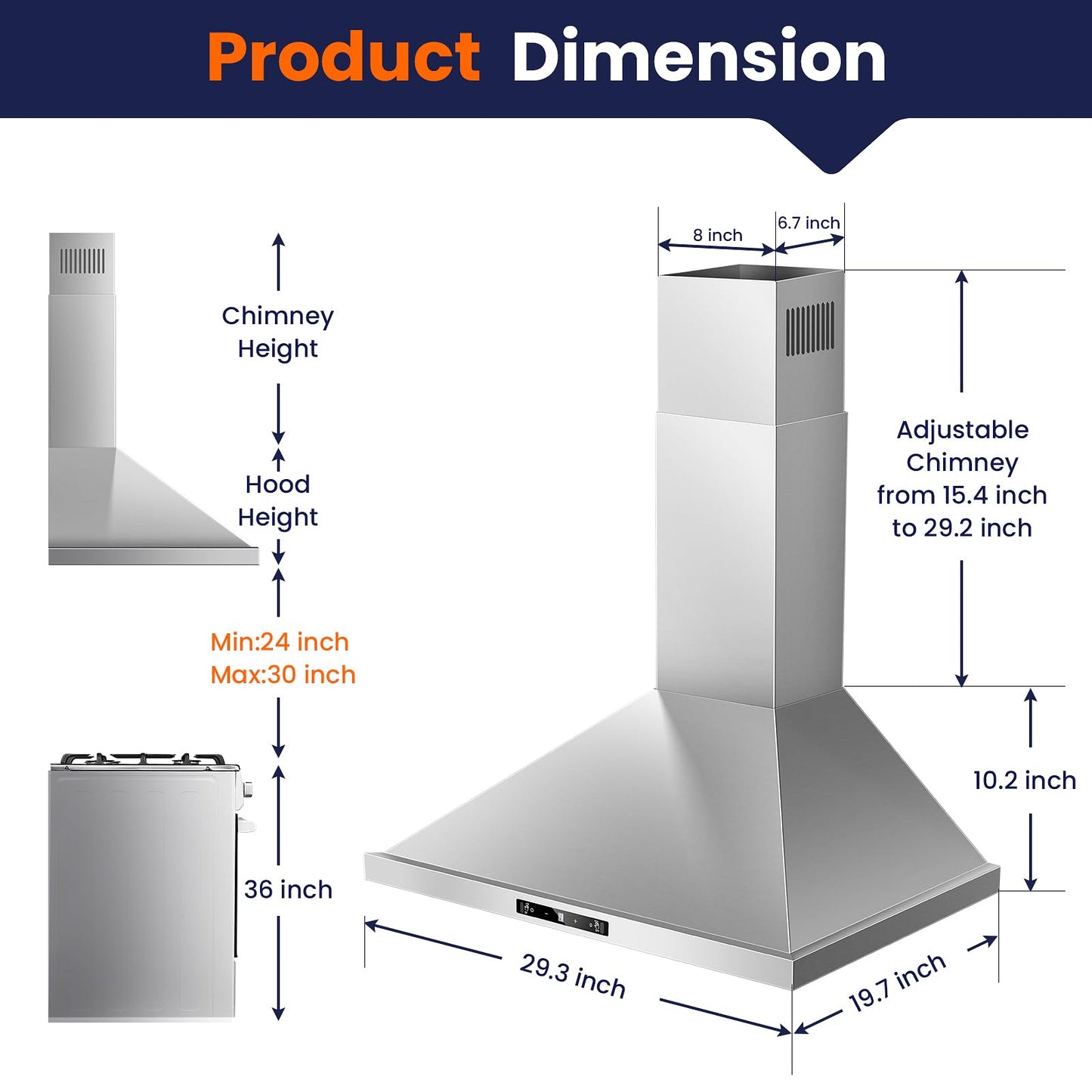 Wall Mount Range Hood 30 inch, 700 CFM Kitchen Hood Stainless Steel Stove Vent Hood with Gesture Sensing & Touch Control, Ducted/Ductless Convertible Duct, 3-Speed Fan, LED Lights, Baffle Filters