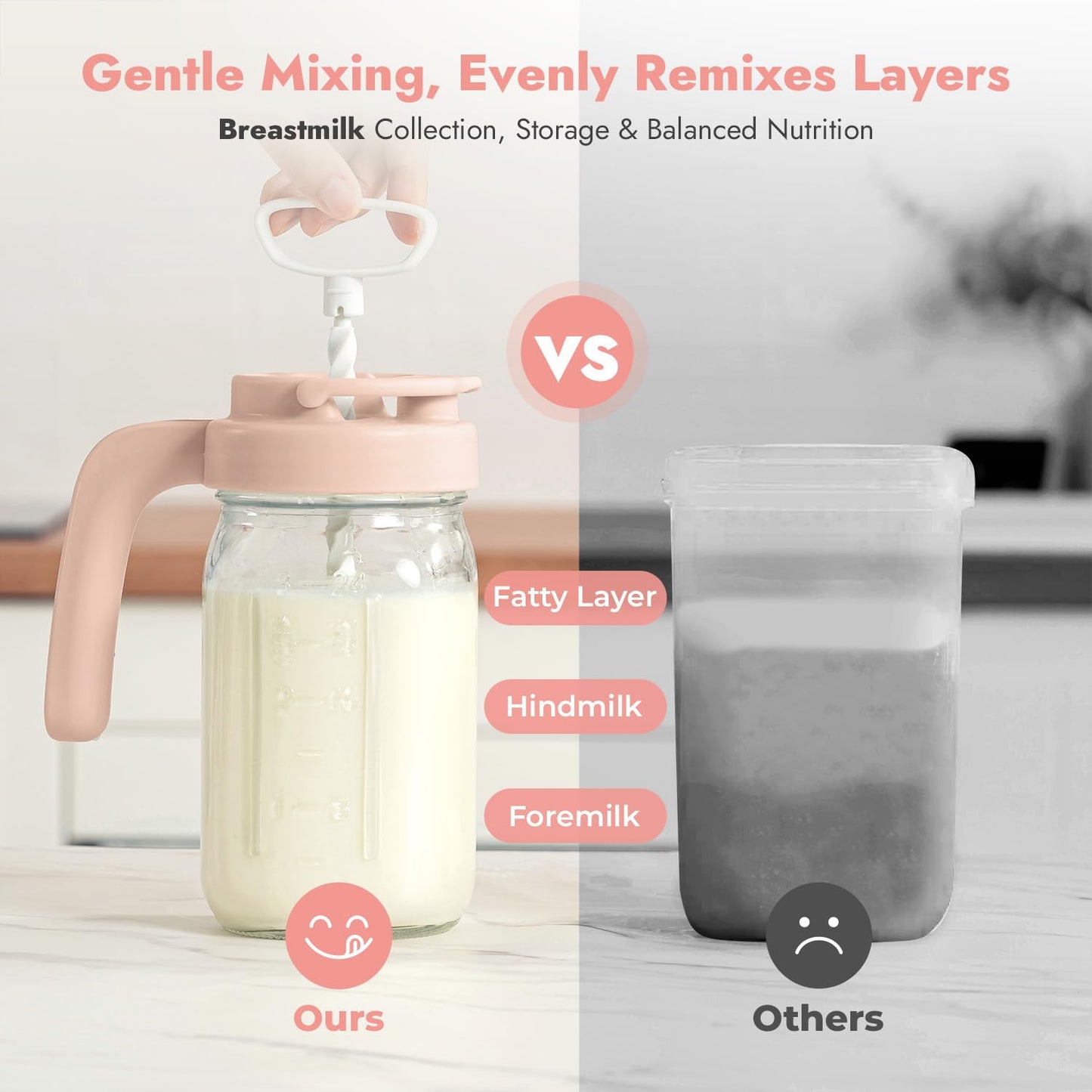 Papablic Glass Formula Pitcher, Fast Baby Breastmilk Maker with Mixing Handle Lid, Wide Mouth Mason Jar Breast Milk Storage Container with Flip-Lock Spout, BPA-Free, Pink