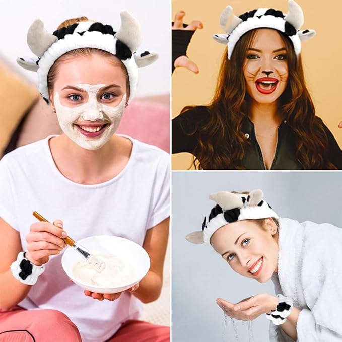 AHONEY Cow Ears Headband Cow Print Skincare Headbands and Wristbands, Cute Spa Wrist Band Fluffy Hand Cuffs Women Facial Makeup Accessories Costume Party Stuff Birthday Gift