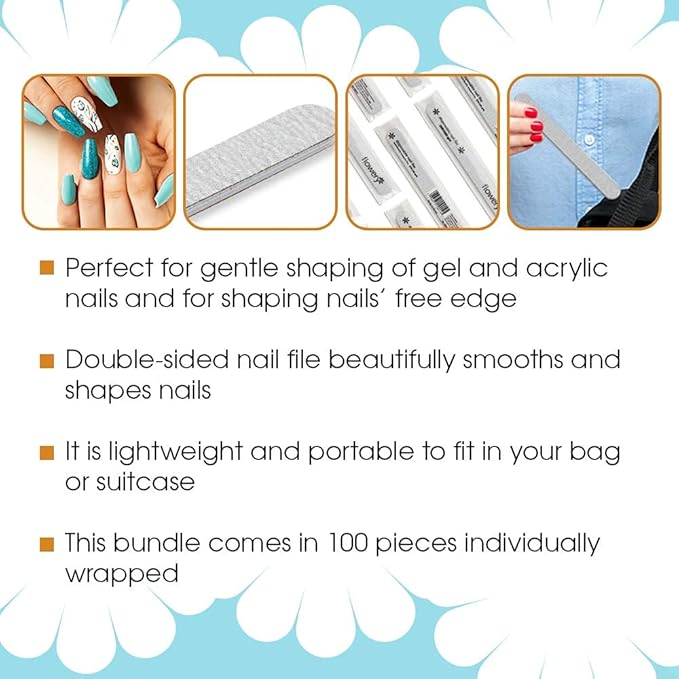 Flowery Nail File 100/180 Grit Ã¢ÂÂ Double-Sided Emery Boards Nail File for Natural Nails and Acrylic Nails, Cushion Core, Silver, 100 Pack