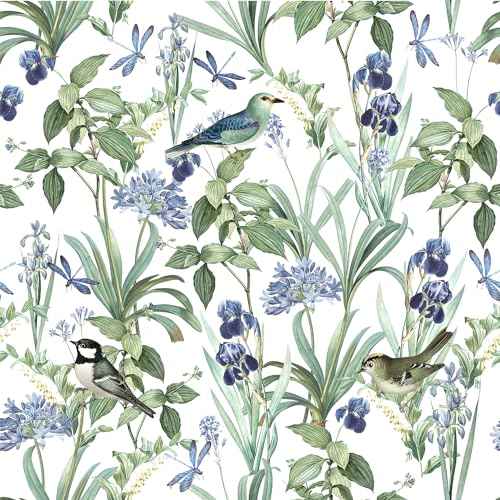 IARTTOP Birds Wallpaper Green Leaves Floral Peel and Stick Contact Paper Sage Wallpaper Floral Birds Wall Paper Green Contact Wall Mural for Living Room Bedroom Cabinet Decor(59 * 17.7in)
