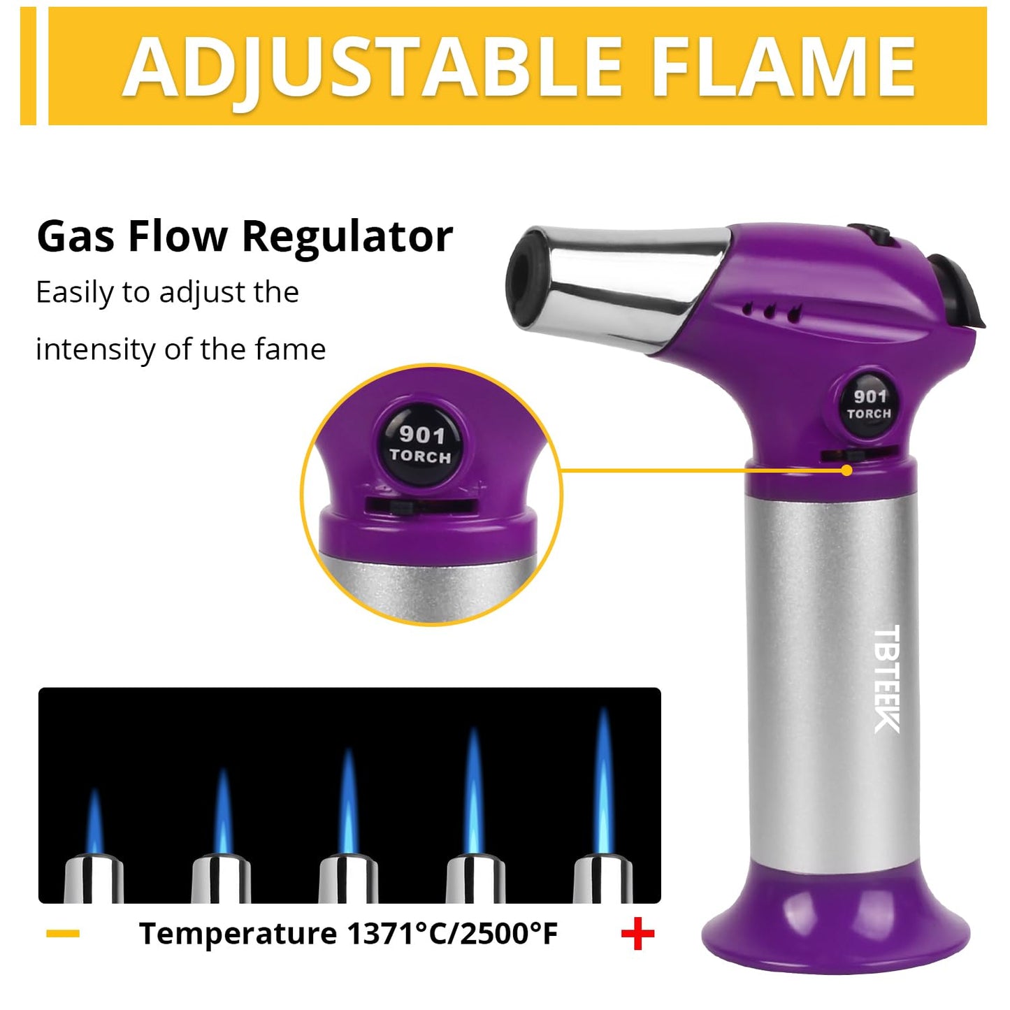 TBTEEK Butane Torch T901, Kitchen Torch Cooking Torch with Safety Lock & Adjustable Flame for Cooking, BBQ, Baking, Brulee, Creme, DIY Soldering(Butane Not Included), Purple