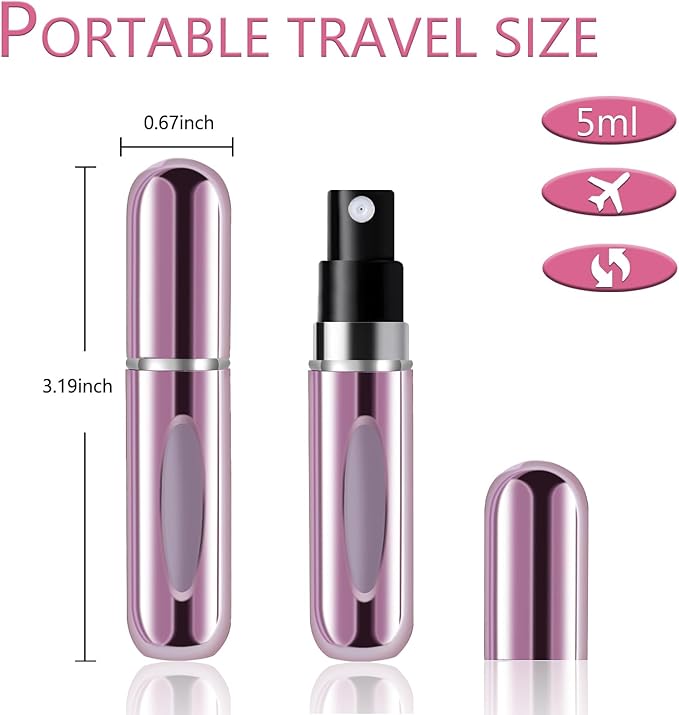 opasyo 4 Pcs Mini Refillable Perfume Portable Atomizer Bottle, 5ml Bottom-Fill Perfume Spray Scent Dispenser, Leak-Proof Travel Pump for Cologne, Aftershave & Purse (Silver/Pink/Blue/Black/)
