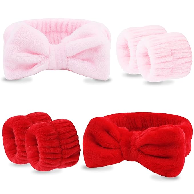 VELSCRUN Spa Headband, Makeup Face Wash Skincare Headbands, Bow Hair Band Party Favors for Washing Face, Stocking Stuffers For Women Teen Girls Christmas Gifts Hair Accessories Pink Red