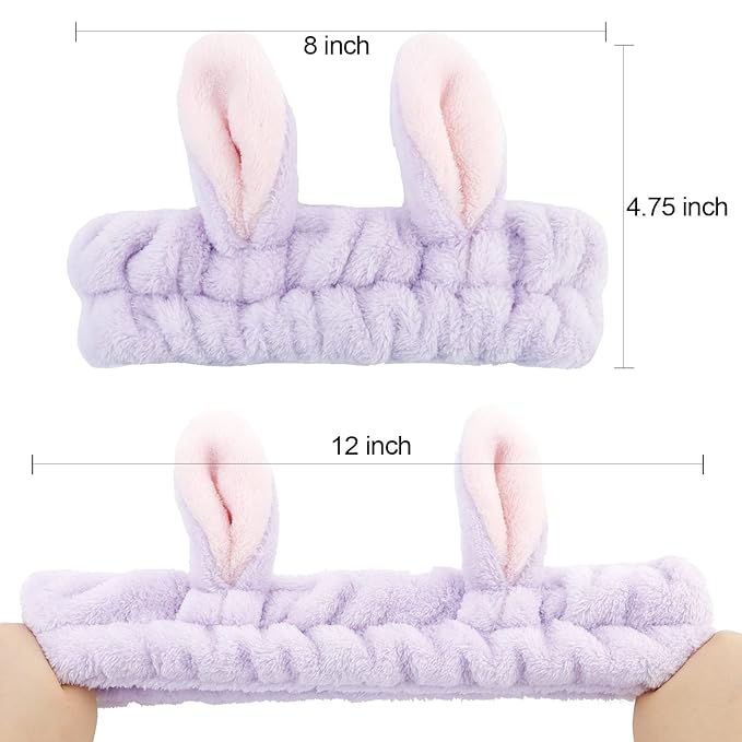 YISSION Cute Bunny Ear Spa Headband for Women and Girls - Soft Plush Makeup Headband for Face Washing, Skincare, Shower, Easter Party Favors (2 Pack, Pink & Purple)