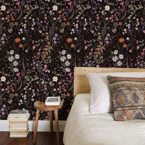 Floral Peel and Stick Wallpaper Blooming Black/Purple Flowers Self-Adhesive Wall Paper Removable Decorative Contact Paper for Bedroom Cabinet Living Room Decor 17.7" x 118",14.5 sq.ft/Roll