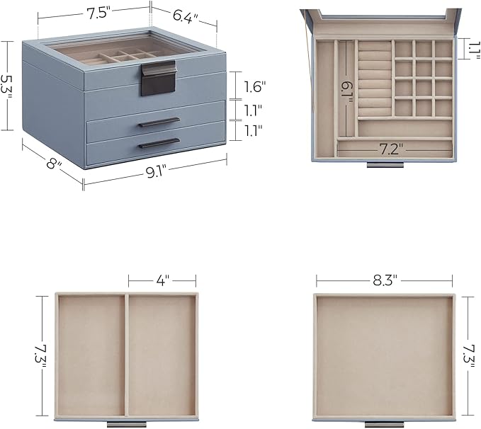 SONGMICS GISELLA Collection - Jewelry Box Organizer, 3-Layer Jewelry Storage with 2 Drawers, Shiny Metal Hardware, Glass Lid, Modern, 8 x 9.1 x 5.3 Inches, Smoky Blue and Silver Color UJBC239BU