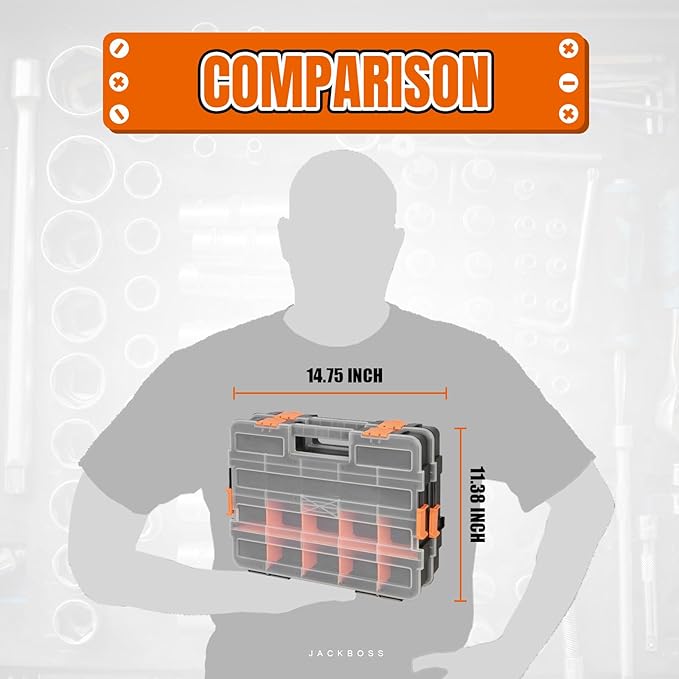 Tool Box with Transparent Lid, Single Side 17-Compartments Organizer Box with Removable Dividers for Hardware, Screws, Bolts, Nails, Beads, Jewelry and Fishing Accessories, Orange, 2 Pack