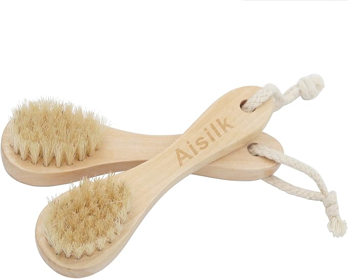Wooden Facial Cleansing Brush Natural Bristles Wood Handle Wash Clean Exfoliate Scrub Cleaning Brushing Exfoliating Exfoliation Skin Care Face Cleanser Brushes 2 Pack Set