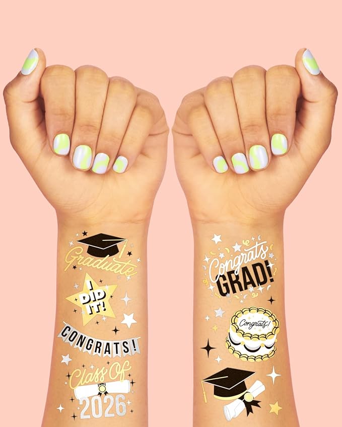 xo, Fetti 2026 Graduation Temporary Tattoos - 48 Foil Styles | New Grad Party Decorations, College Graduate Girls Accessory, High School Senior Gift, Graduation Cap Tassel Decor, Congrats Grad Favor