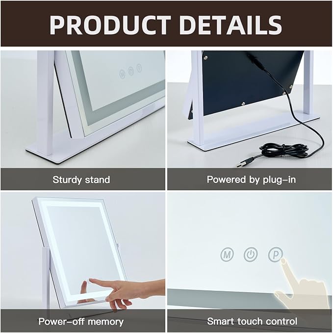 Lighted Makeup Mirror with Smart Touch, 3 Color Modes & Stepless Dimming, for Desk Bedroom Dressing Room, LED Vanity Mirror 13.2" H x 11.2" W