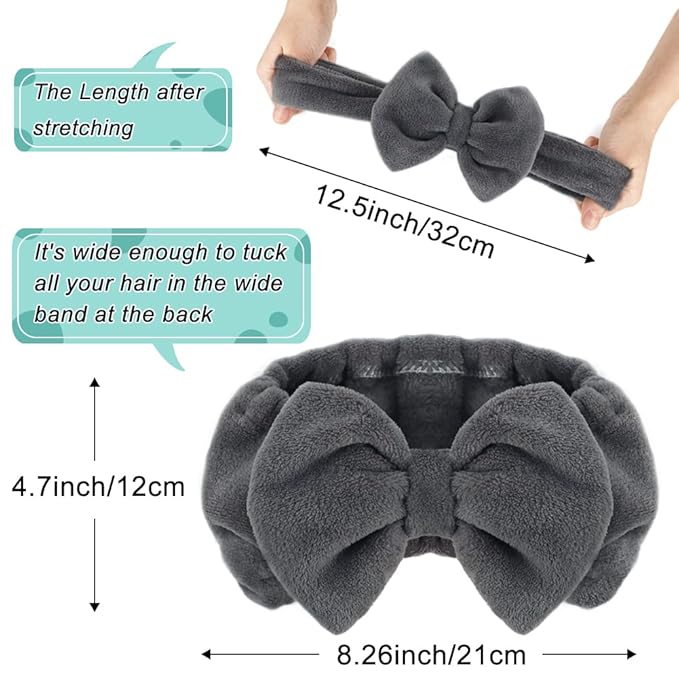 Shintop Makeup Headband Soft Carol Fleece Spa Headband with Cute Bow Elastic Headwear for Washing Face Skincare Facial Mask ShowersÃ¯Â¼ÂGreyÃ¯Â¼Â