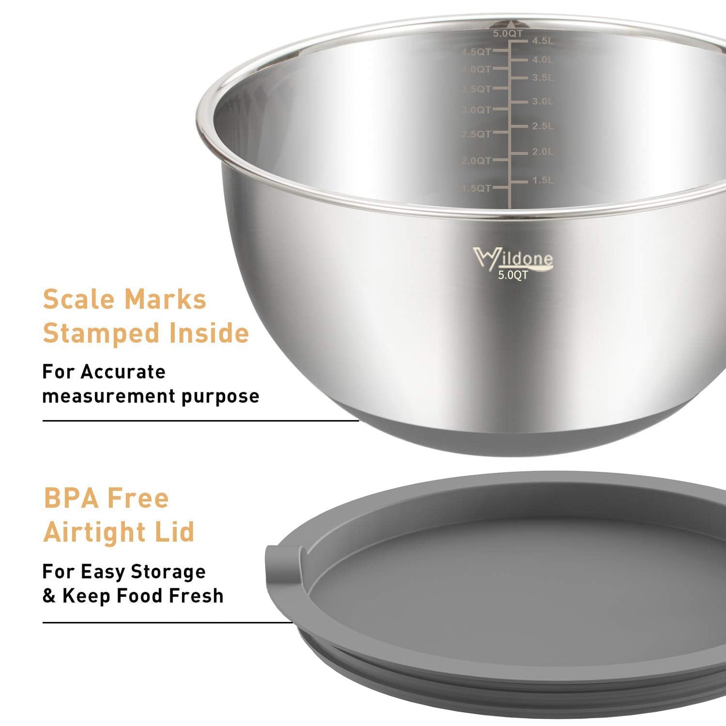 Wildone Mixing Bowls with Airtight Lids Set, 5PCS Stainless Steel Nesting Bowls Set for Kitchen, with Grater Attachments & Non-Slip Bottoms, Size 5, 3, 2, 1.5, 0.63 QT, Great for Baking & Serving