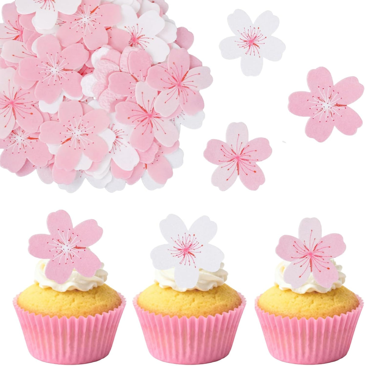60 Pcs Cherry Blossom Cake Toppers, Paper Pink Flowers Cupcake Decorations for Wedding Baby Shower Birthday Party Food Supplies