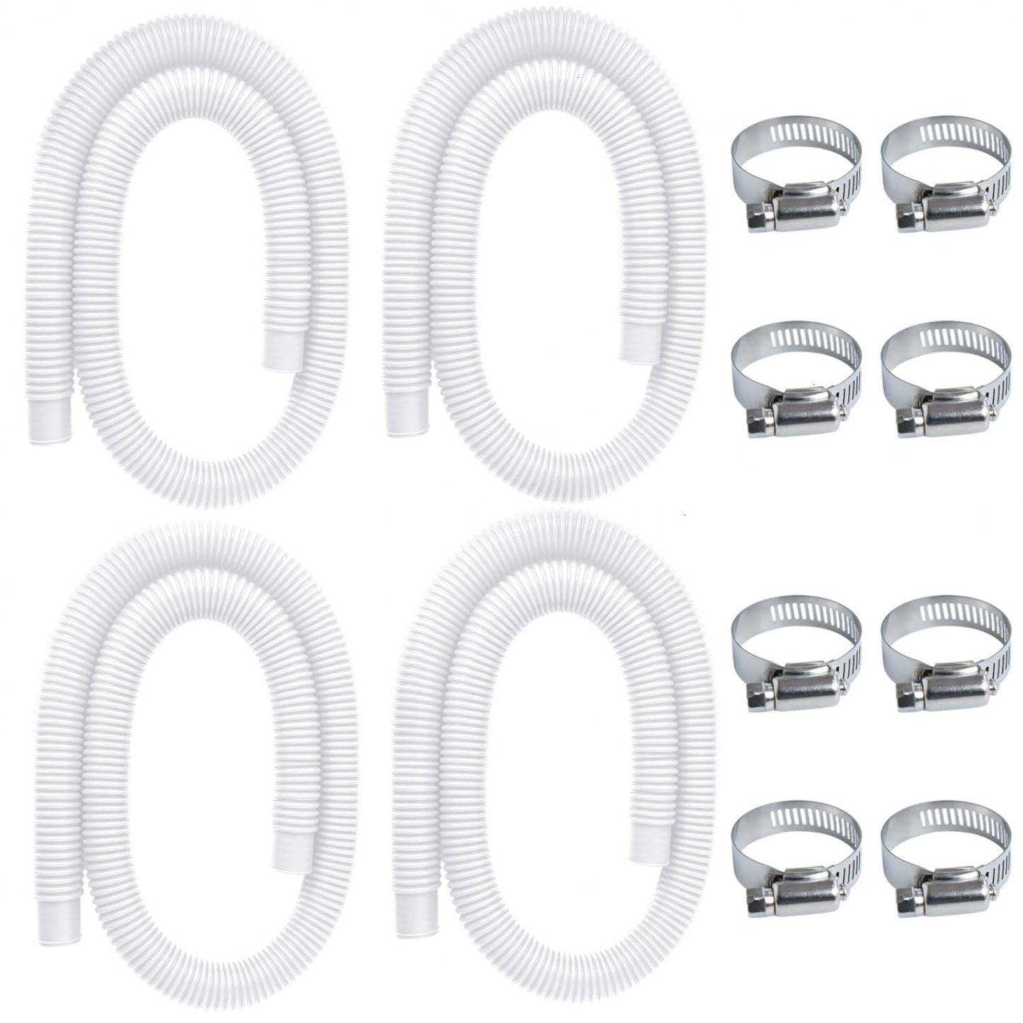 Gonioa Pool Pump Replacement Hose for Above Ground Pools, 4 Pack 1.25 x 59 Inch Filter Pump Hose, Compatible with Intex Filter Pump 607, 637, 330GPH, 530GPH, 1,000GPH, Includes 8 Metal Clamps, White