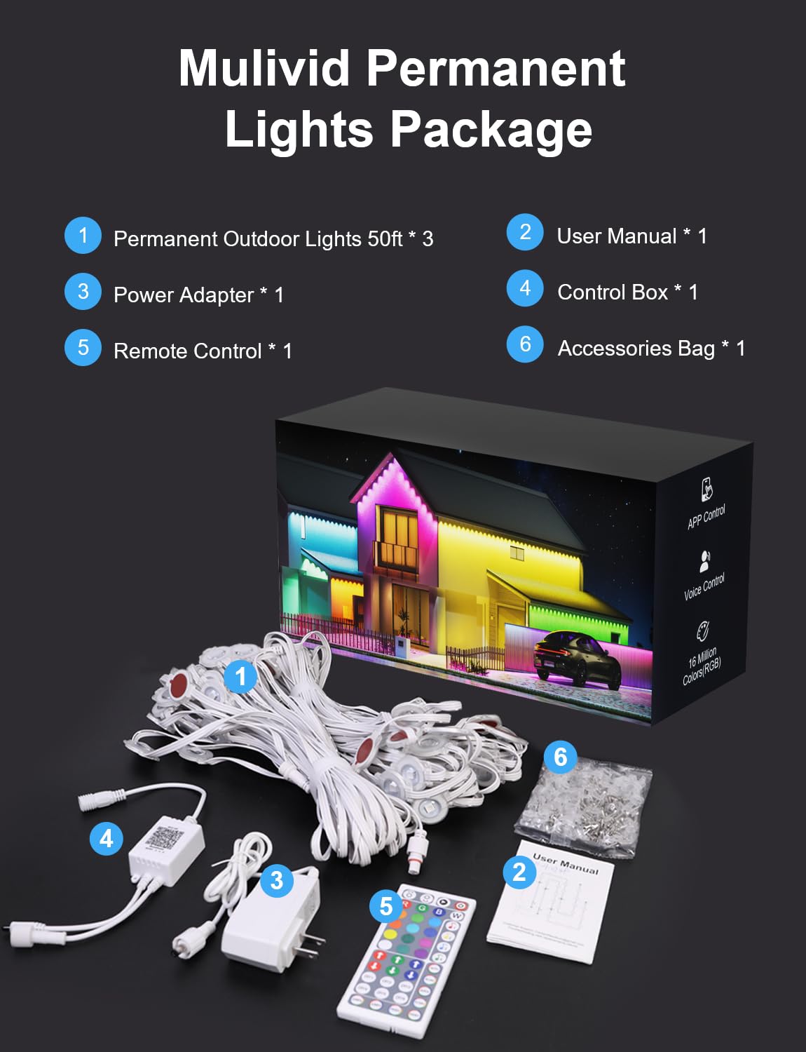 MuliVid 150Ft Permanent Outdoor Lights,Smart RGB Outdoor Lights with Remote APP Control, IP67 Waterproof Outside Light for House for Christmas, Halloween, Holiday, Party, Daily