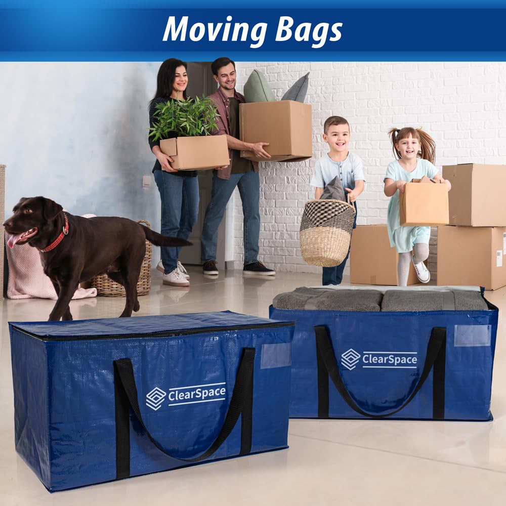 ClearSpace Heavy Duty Large Moving Bags or Storage Bags – Clear Storage Bins with Lids, Large Moving Boxes with Backpack Straps & Zippers – Packing Bags & Moving Supplies for College Dorm, 6 Pack