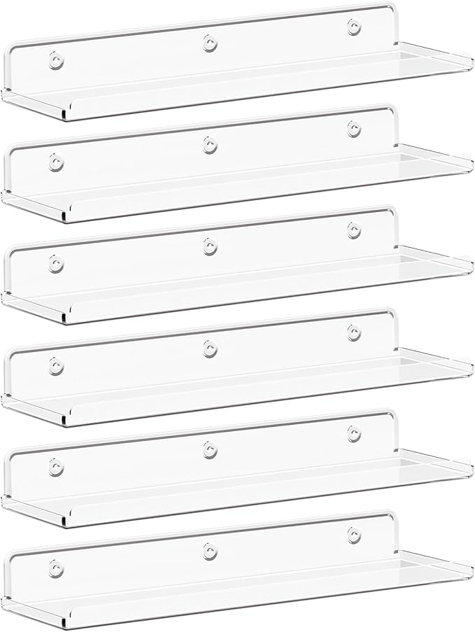 Lifewit Floating Shelves for Bathroom, Acrylic Wall Organizer for Perfume, Makeup, Figures, Nail Polish, Photo, Book, 14" Decor Display Rack for Nursery, Living Room, Bedroom, Kitchen, Clear, 6 Pack