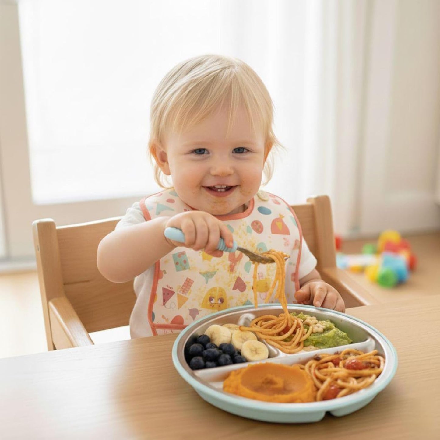 PandaEar 3 Pack Stainless Steel Baby Suction Plates, Divided Toddler Plate for Baby Led Weaning Supplies, Non-Slip Toddler Baby Feeding Set Dishwasher Safe (Blue/Green/Brown, With Lids)