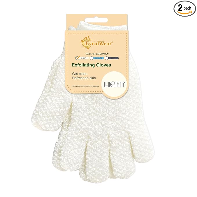 Evridwear Exfoliating Dual Texture Bath Gloves for Shower, Spa, Massage and Body Scrubs, Dead Skin Cell Remover, Gloves with Hanging Loop (1 Pair Light)