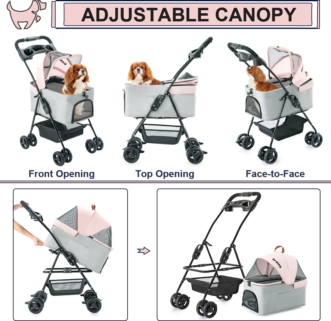 LPOTIUS 3-in-1 Pet Stroller for Small Dogs and Cats, Folding Lightweight Dog Stroller with Detachable Carrier Portable Cat Puppy Jogging Stroller with Cup Holder and Storage Basket, 4 Wheels