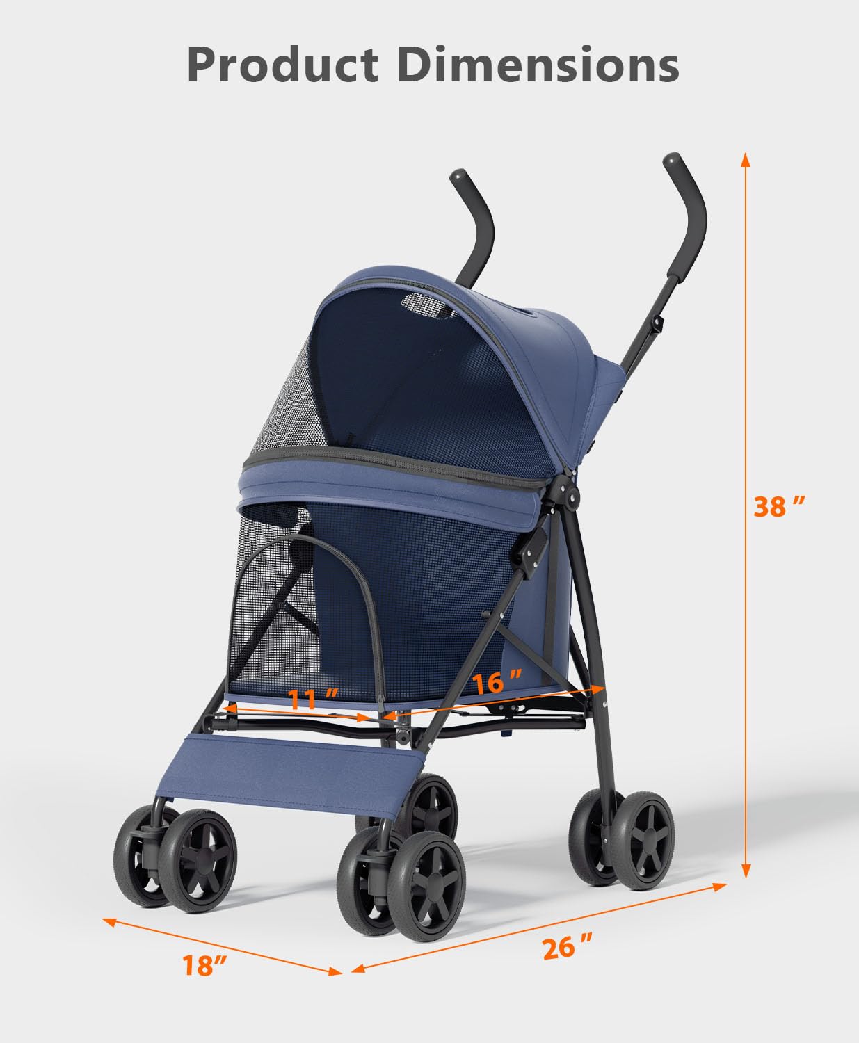 OS MOTOR Pet Stroller with 4 Wheels for Small/Medium Pets, Portable Travel Foldable Carrier Jogger for Dog Cat Puppy Kitty, Rear Wheel Breaks, Storage Basket, Visible Mesh Weather Cover (Navy Blue)
