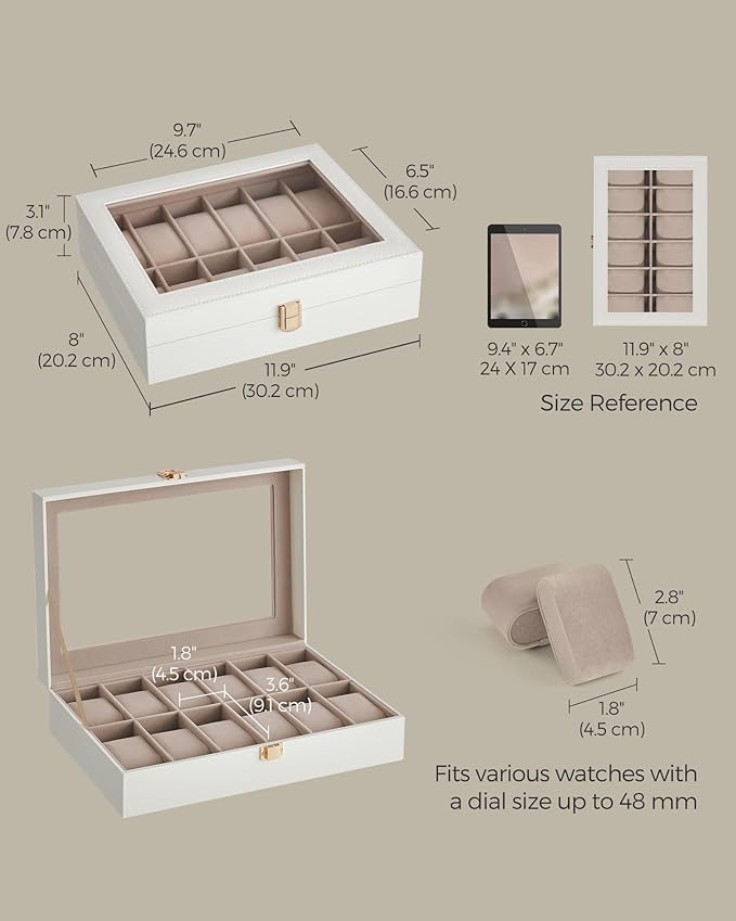 SONGMICS Watch Box, 12-Slot Watch Case Organizer with Large Glass Lid, Removable Pillows, Gift for Loved Ones, Cloud White Synthetic Leather, Cappuccino Beige Lining UJWB120W01