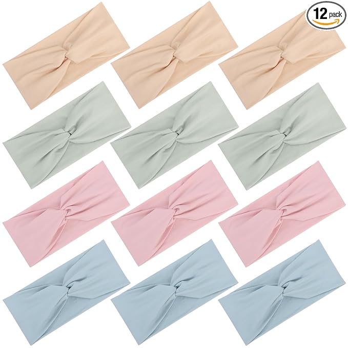 12 Pcs Stretchy Headbands for Women, Absorbed Sport Headband Soft Twist Knotted Hairbands for Daily Life Yoga Workout(Light yellow/Pink/Blue/Green)