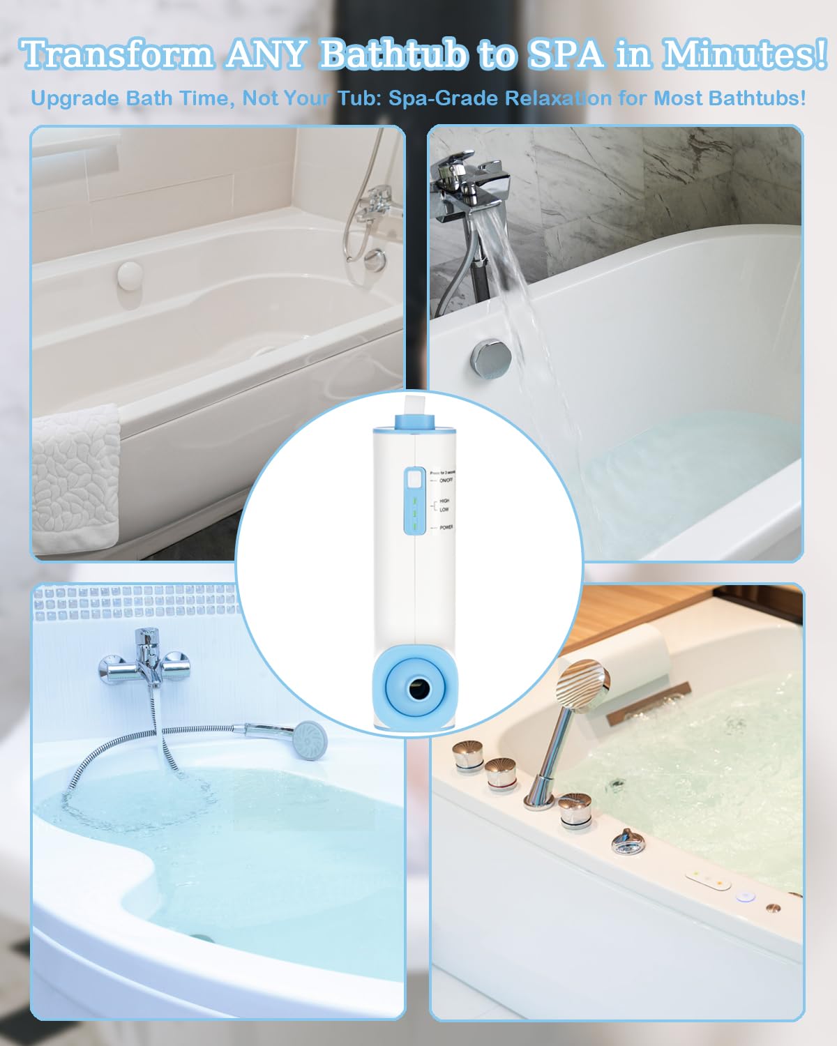 KokoSelene Rechargeable Bath Jets for Tub, Portable Jet Spa for Bathtub, Creates Soothing Bubbles and Massage for Relaxing Daily Use at Home (White-Blue)