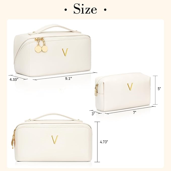 Birthday Gifts for Women Teen Girl, Personalized Initial Makeup Organizer Bag Set, Open Flat Travel Cosmetic Bag With Clear Divider and Handle(Beige,V)
