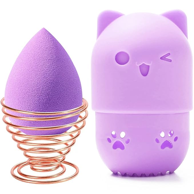 MR LION Makeup Sponge Holder + Makeup Blender Travel Case Beauty Sponge Blender Drying Stand & Storage Containers (Pink&Purple)