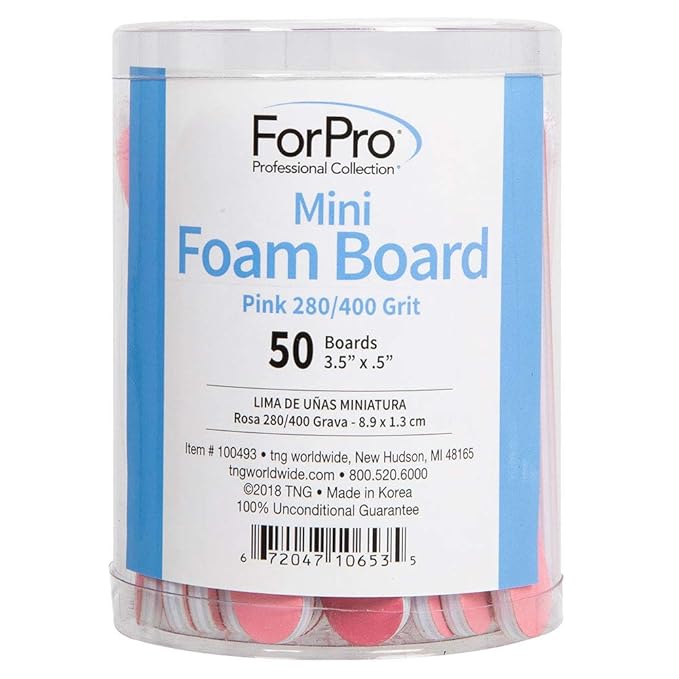 ForPro Professional Collection Mini Foam Board, Double-Sided Nail File, 280/400 Grit, 3.5” L x .5” W, Pink, 50-Count
