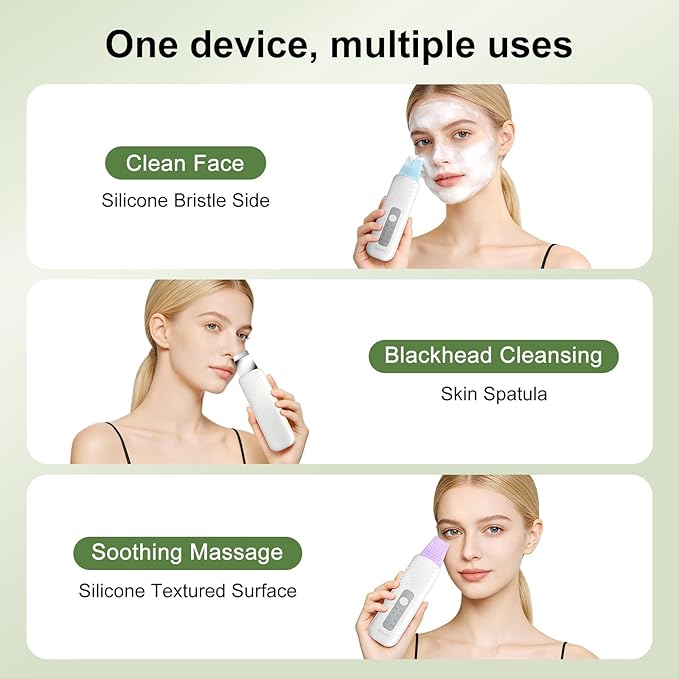 Blackhead Remover Tools, Face Scrubber Skin Spatula for Facial Cleansing, 4 Modes Pore Cleaner with 304 Stainless Steel Blade, Type-C Rechargeable, Silicone Face Brush, 4 Needles, PP Box