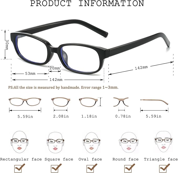 HJSTES Retro Clear Rectangle Glasses for Women Men Fake Blue Light Blocking Lens Narrow Frame Non Prescription Eyeglasses