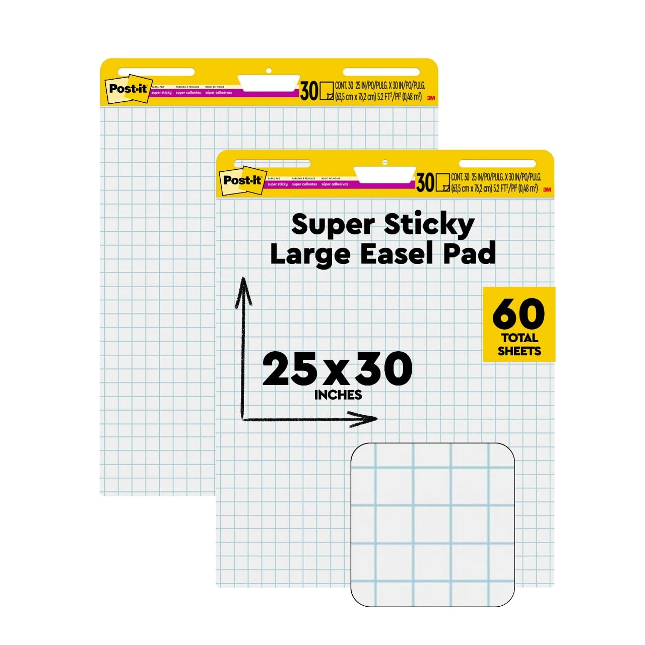 Post-it Super Sticky Easel Pad, 25 x 30 Inches, 30 Sheets Per Pad, 4 Pads, Large, White Grid, Premium Self Stick Flip Chart Paper, Super Sticking Power