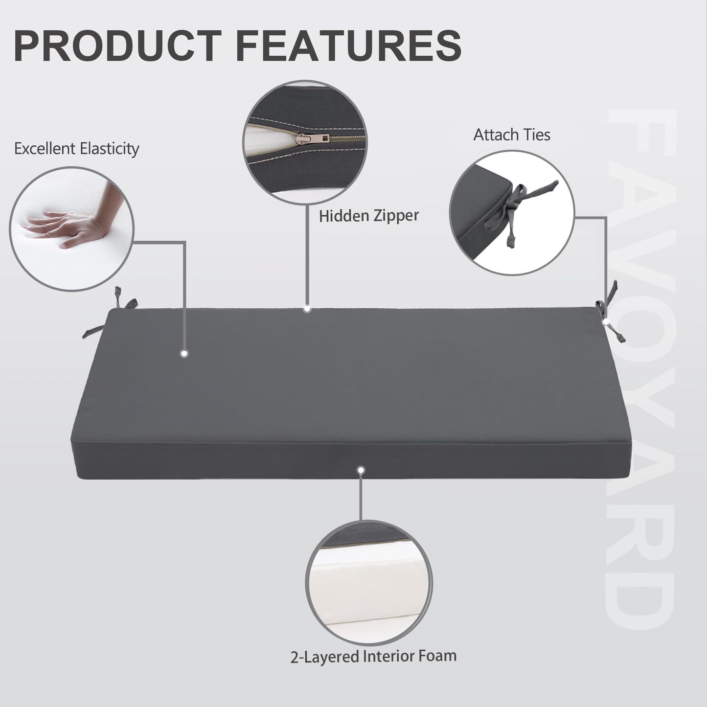 Favoyard Outdoor Bench Cushion 59 x 18 Inch Waterproof Patio Furniture Cushions 3-Year Color Fastness Garden Sofa Settee Couch Swing Pads with Handle and Attach Ties, Dark Gray