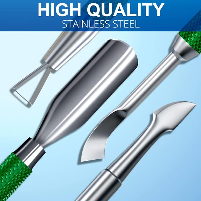 GA&EN 2PCS Metal Dark Green Cuticle Pusher and Cutter Remover Salon Quality Stainless Steel Gel Nail Polish Romover Pens Peeler Scraper Durable Manicure and Pedicure Cleaner Tool For Fingernail