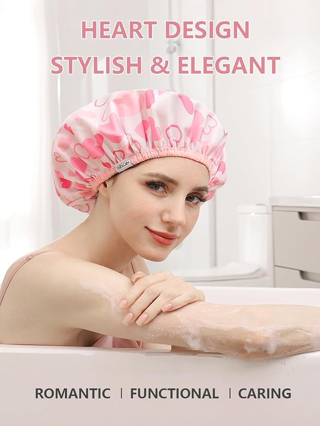 Years calm Shower Caps for Women Reusable Waterproof, Double Layer Waterproof Fabric - Both Sides Usable, Reversible Pattern & Solid Color Design, Soft Elastic Keeps Hair Dry for shower Spa Travel