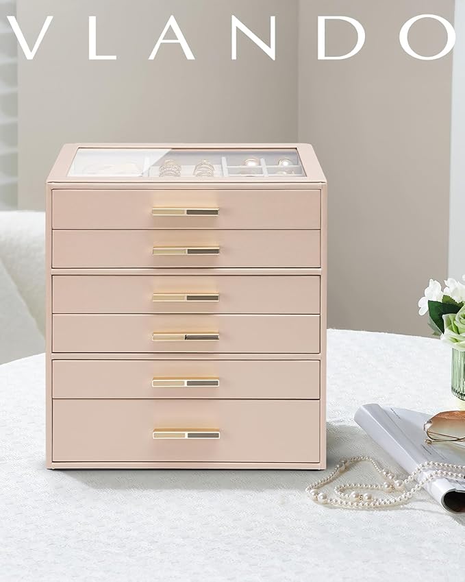 VLANDO 6 Layer Jewelry Box for Women, Glass Lid Jewelry Organizer with 6 Drawers for Necklaces Rings Earrings Bracelets - Toffee