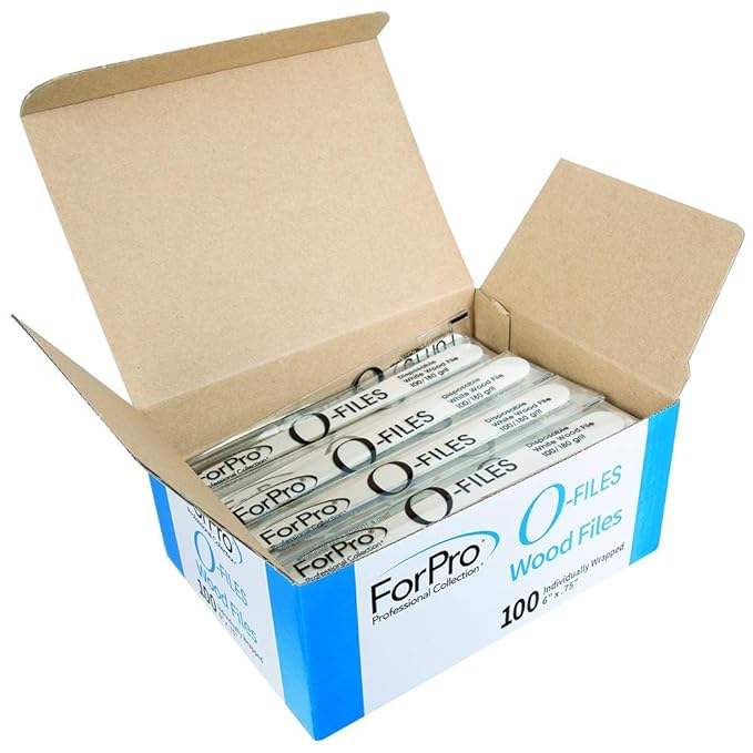ForPro Professional Collection O-Files Wood Files, White, 100/180 Grit, Double-Sided Manicure & Pedicure Nail Files, Individually-Wrapped, 6” L x 0.75“ W, 100-Count