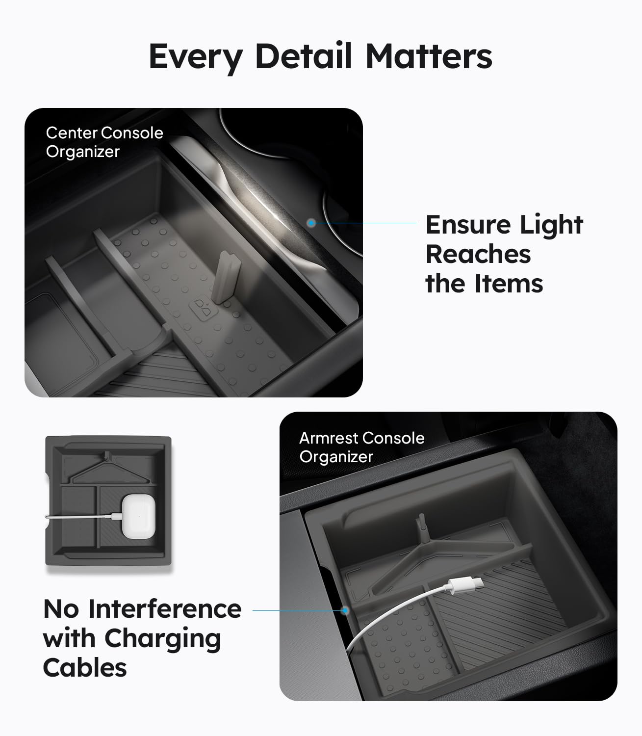 Wigoo Center Console Organizer for Tesla Model Y Juniper (Only Premium & Performance 2025 2026) and All Model 3 Highland Accessories [Double-Layer Storage, Smooth Sliding] 4PCS Gray