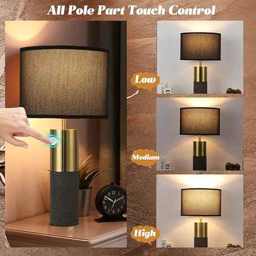 24" Tall Black Gold Set of 2 Nature Concrete Touch Control Table Lamps - 3-Way Dimmable Contemporary Modern Bedside Nightstand for Large End Table Living Room - Bulb Included