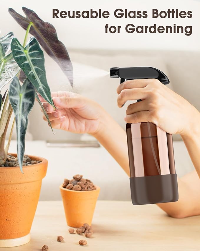 Bontip Glass Spray Bottle with Silicone Sleeve Protection, Amber Glass Spray Bottle Set for Window Cleaner Aromatherapy Facial Hydration Watering Flowers Hair Care 2 Pack/16 oz (Brown, 16 oz)