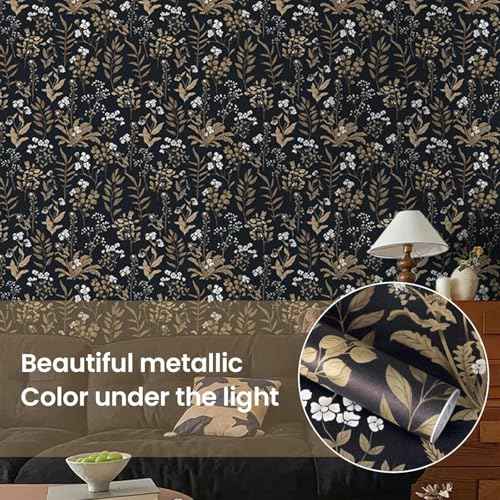 Abyssaly Vintage Floral Wallpaper Peel and Stick Boho, Black and Gold Academic Contact Paper, Self Adhesive Removable Moody Wallpaper for Wall Cabinets 17.7 in X 118 in
