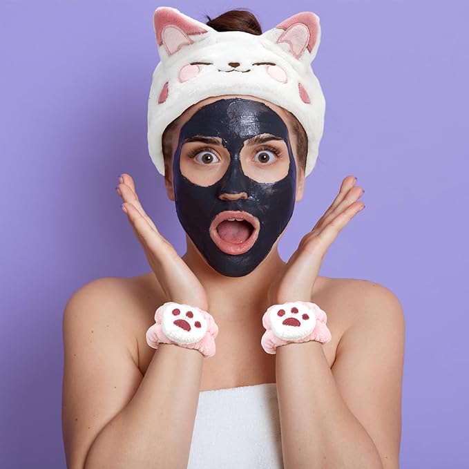 Canitor Face Wash Headband With Wrist Bands - Soft Coral Fleece Spa Makeup Headband With Cute Animal Cat Ears - Elastic Skincare Wrist Towels