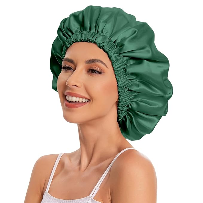 Satin Bonnet Silk Bonnet Hair Bonnet for Sleeping-Slouchy Beanie Hat Satin Sleep Cap for Women's Natural & Curly Hair(Blackish Green)